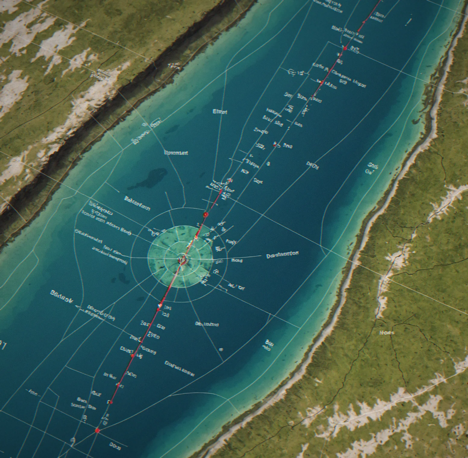 Close-up of bathymetric chart with depth soundings marked in meters across an anchorage area