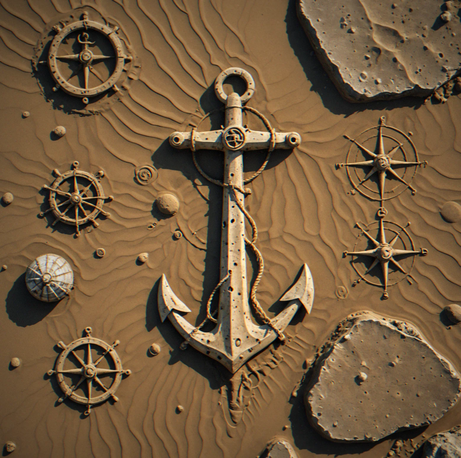 Legend showing seabed type symbols: mud marked with diagonal lines, sand with dots, rock with crossed pattern