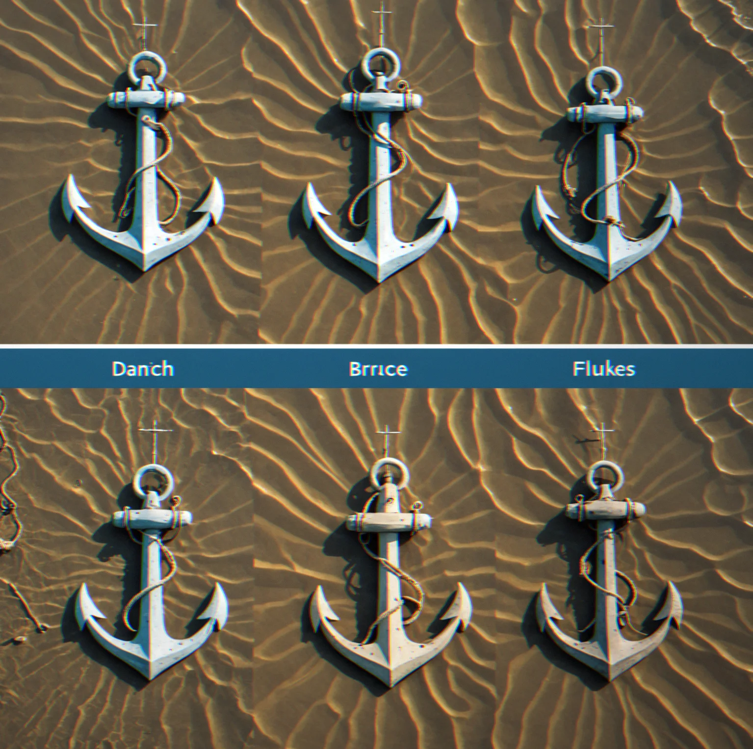 Three anchor types illustrated side by side: Danforth flukes, traditional plow, and Bruce bulbous design