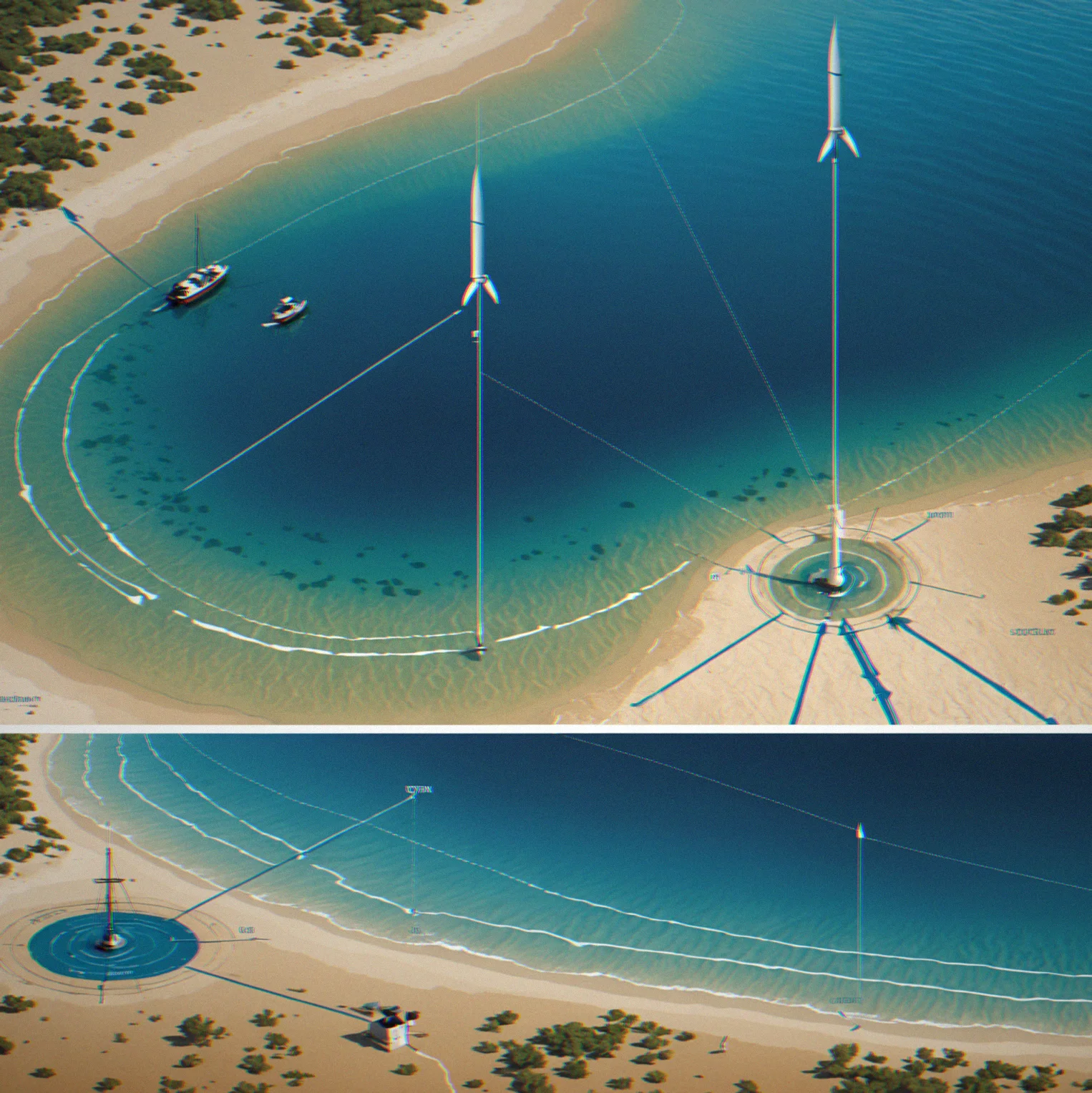 Vector diagram showing wind arrow, current arrow, and resulting boat orientation vector overlaid on water