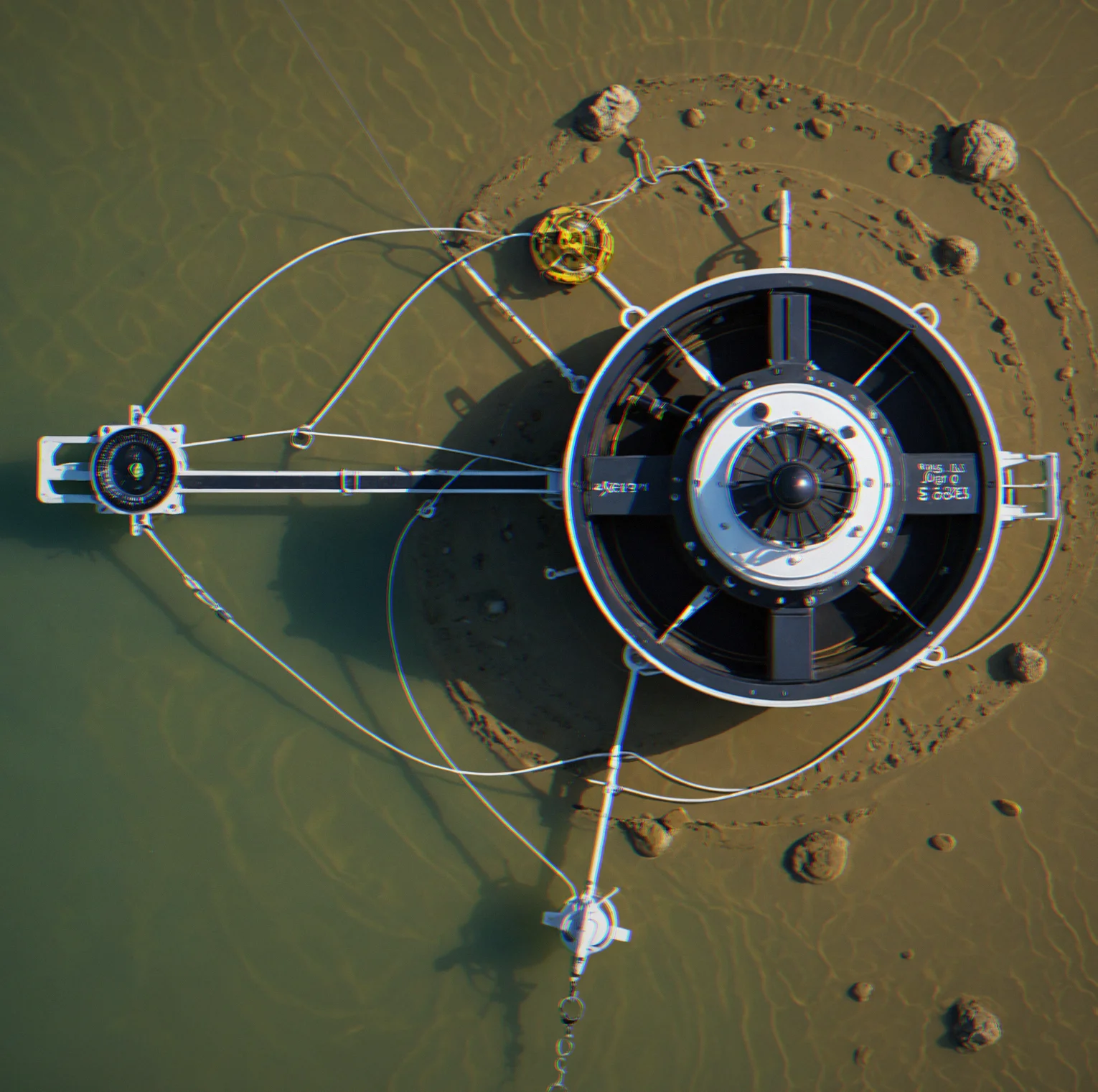 Top-down view showing a vessel with chain scope extended, with shore reference points and drift indicator marked