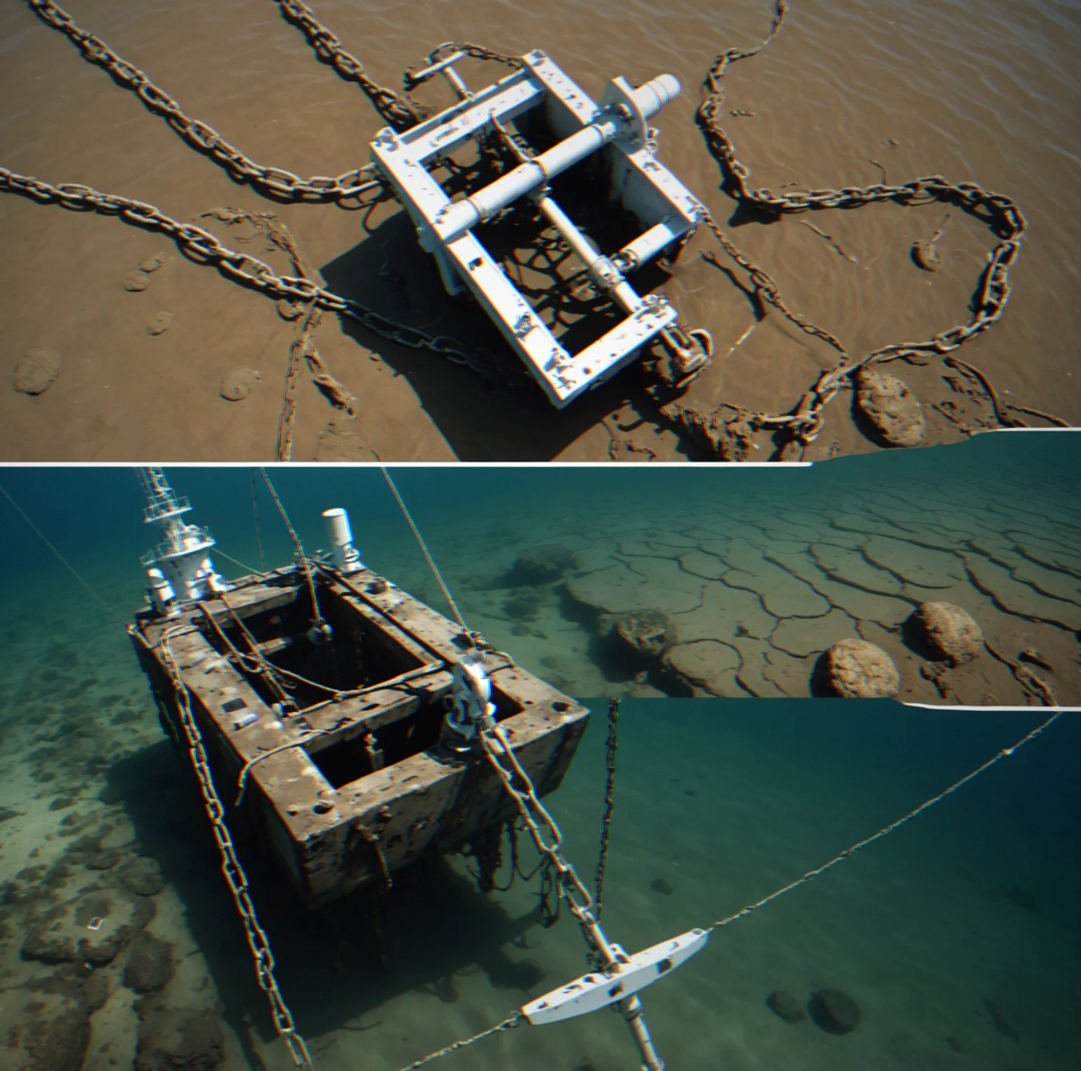 Dropping anchor with chain extendong down toward the seafloor, showing the mud composition below