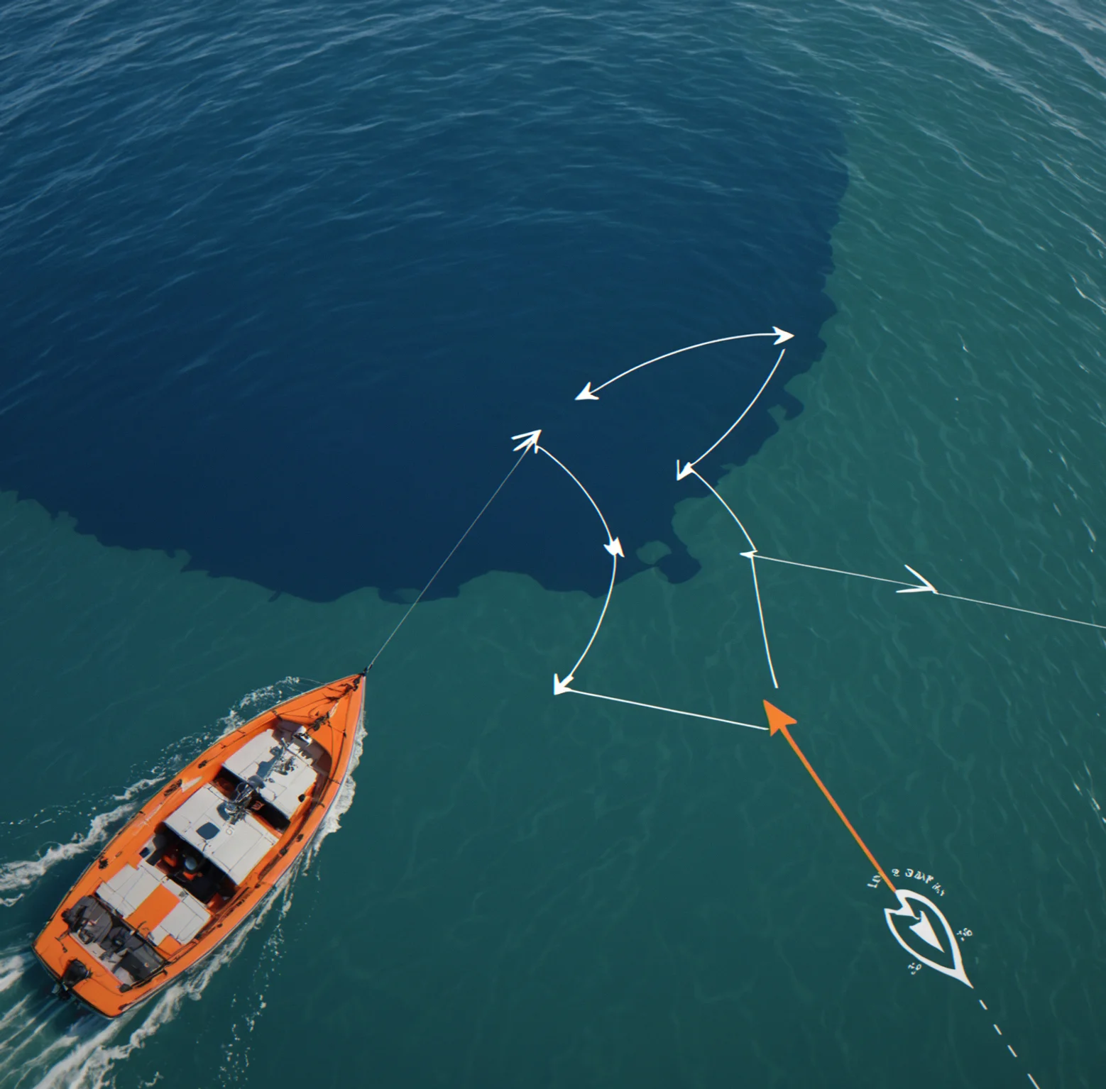 Wind and current overlay on the water surface, with arrows showing direction and the boat's heading
