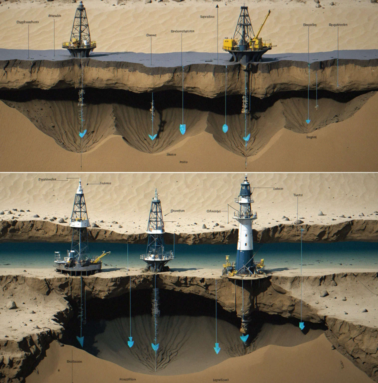 Cross-section showing anchor penetration depth and holding power variation across mud, sand and rocky seabed types