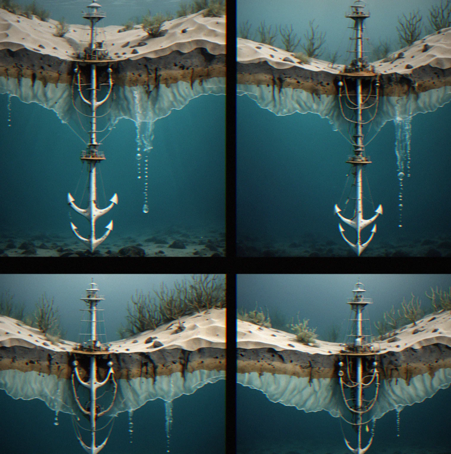 Three anchor types shown in cross-section illustrating how each style sets and holds in different seabed compositions