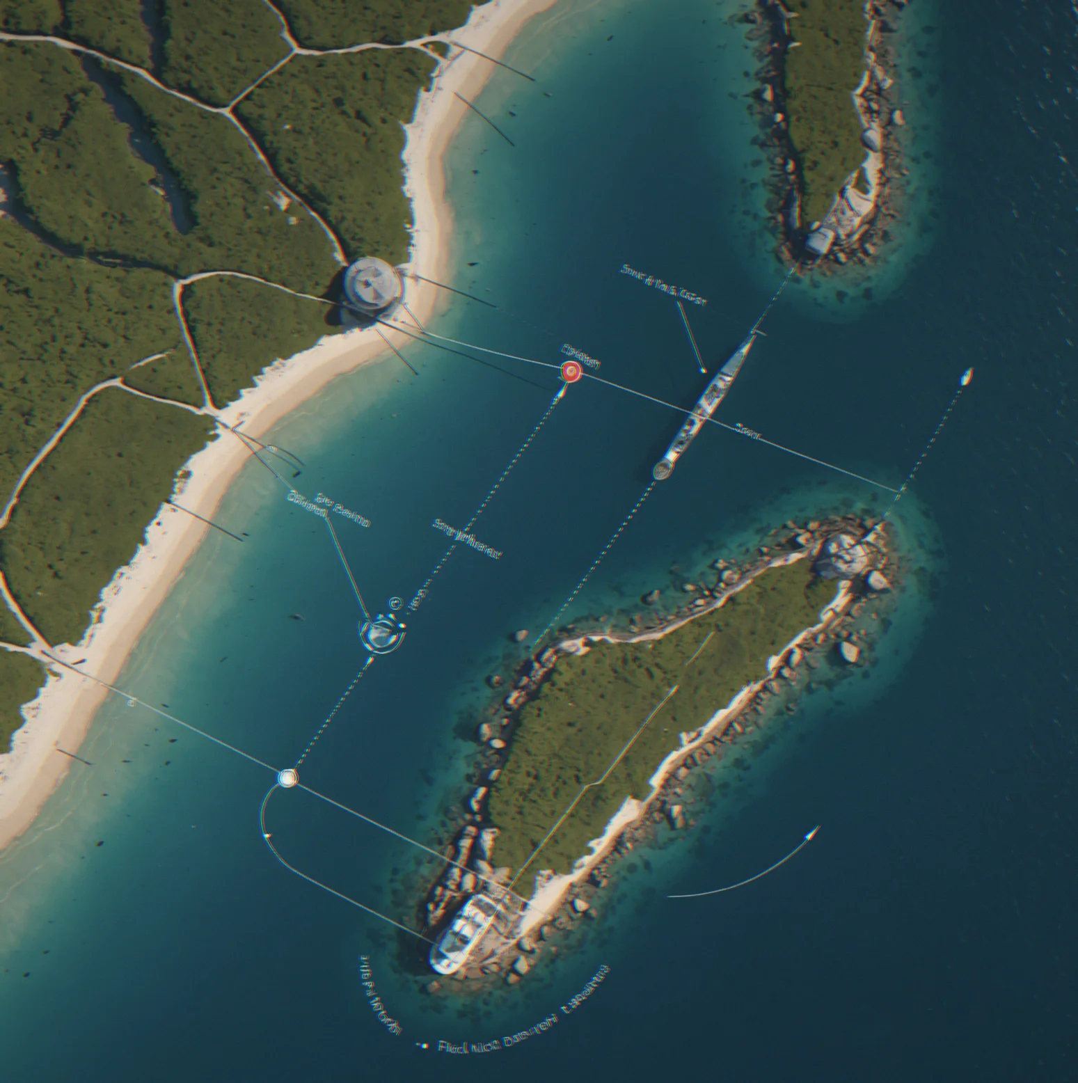 Overhead view showing vessel position relative to stationary shore features with drift path traced and visible