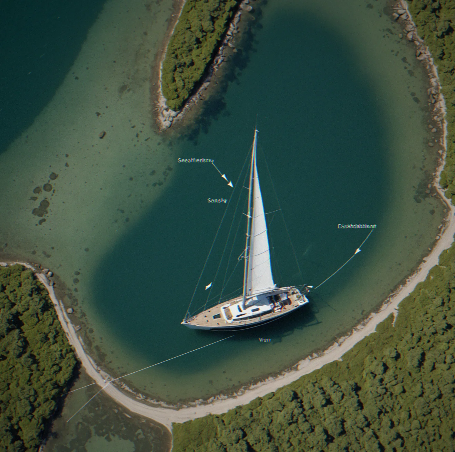 Overhead view of a sailboat anchored in a tidal estuary, with depth readings and seabed type notes marked on the chart below