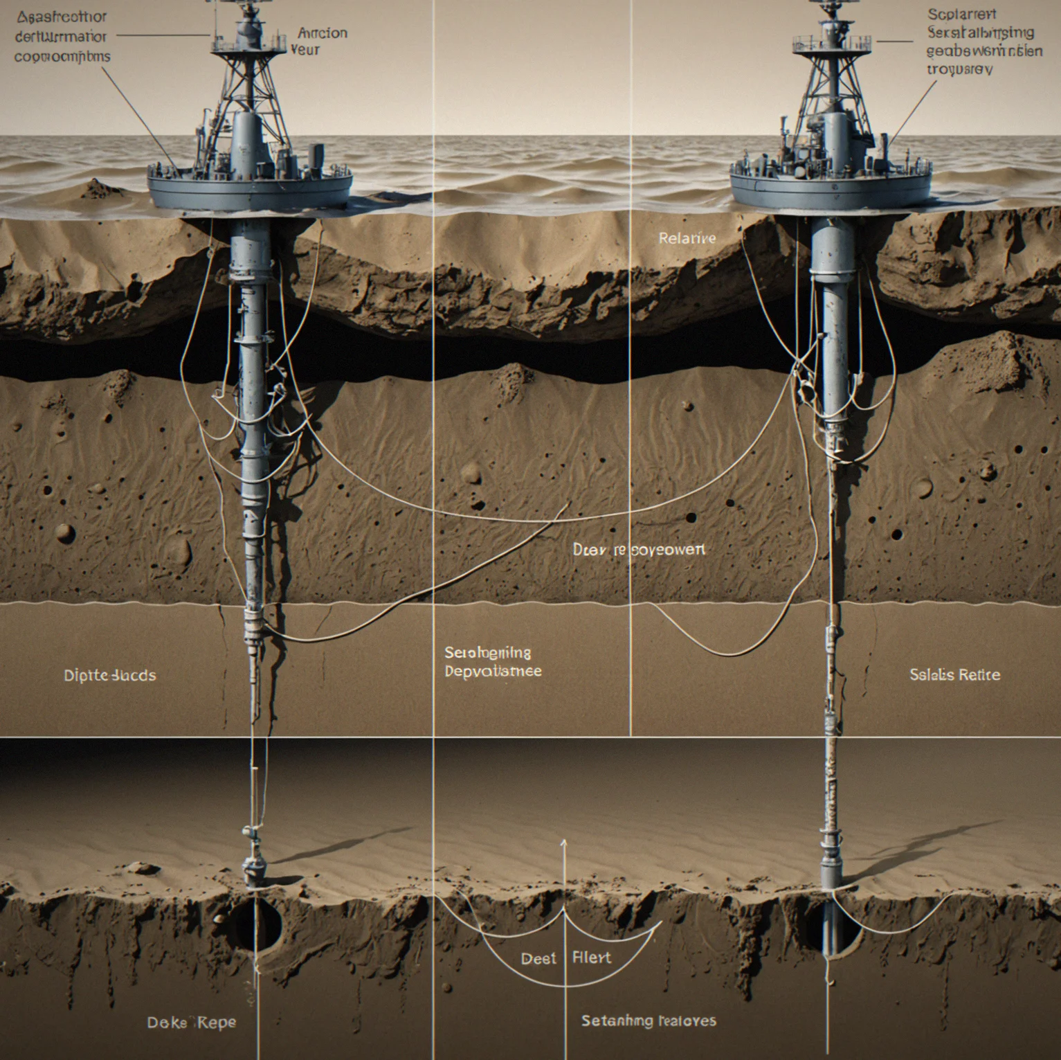 Cross-section diagram of an anchor set in mud with scope ratio marked, showing chain angle and holding power relative to seabed composition